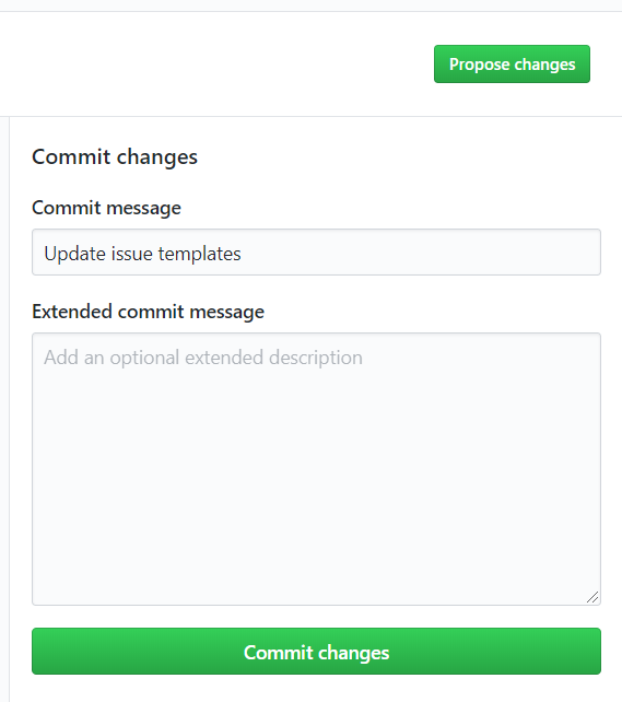 Boton propose changes que despliega un formulario Commit changes con un campo Commit message y un campo Extended commit message opcional