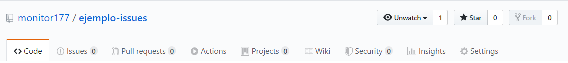Pestañas del repositorio "ejemplo-issues". De izquierda a derecha: Code, Issues, Pull requests, Actions, Projects, Wiki, Security, Insights, Settings. Pestaña Code seleccionada