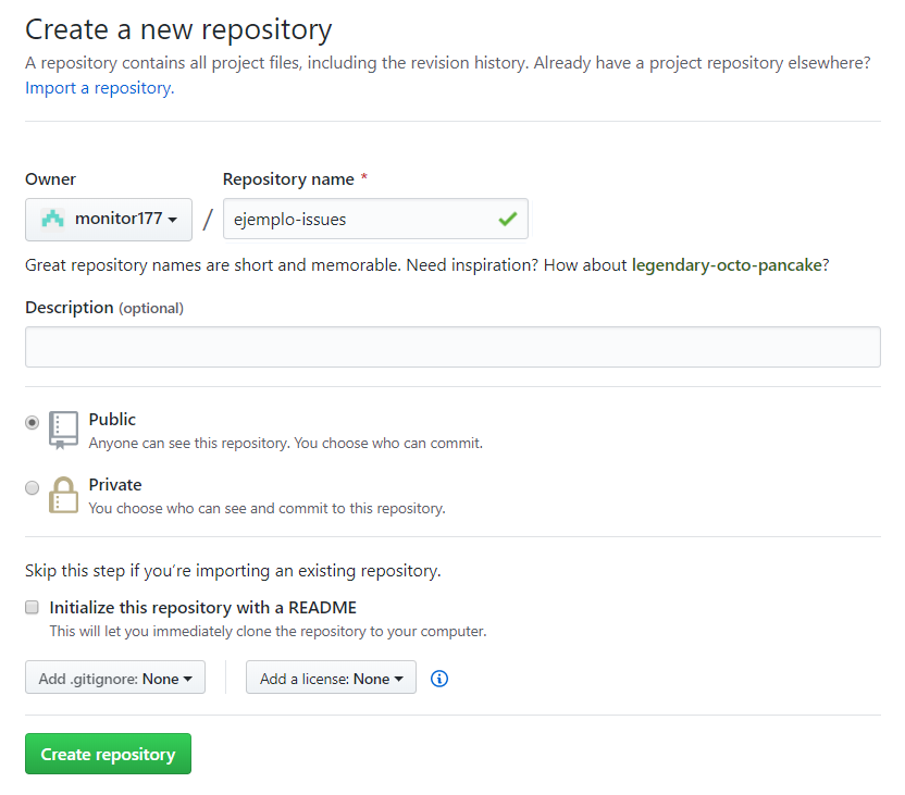 Formulario con un campo "Owner", "Repository Name", "Description", grupo de botones radiales "Public" y "Private",  checkbox "Initialize this repository with a README", "Add .gitignore", "Add a license" y botón "Create repository"