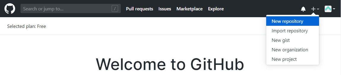 Barra de navegación de GitHub. De izquierda a derecha: el ícono de GitHub que lleva al inicio, una barra de búsqueda, los tabs "Pull requests", "Issues", "Marketplace", "Explore"; luego un ícono de campana, un ícono "Más" y un icono del avatar del usuario.