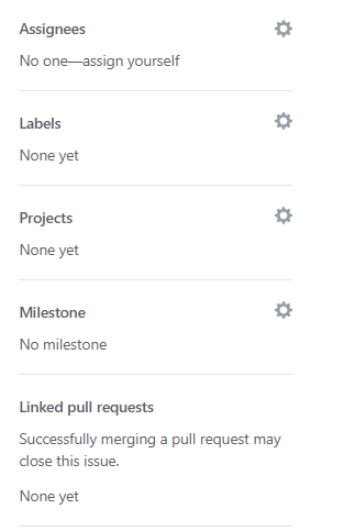 Barra lateral con campos de información Assignees, Labels, Projects, Milestone y Linked pull requests