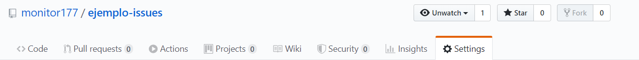 Encabezado de pestañas del repositorio con la pestaña Settings elegida