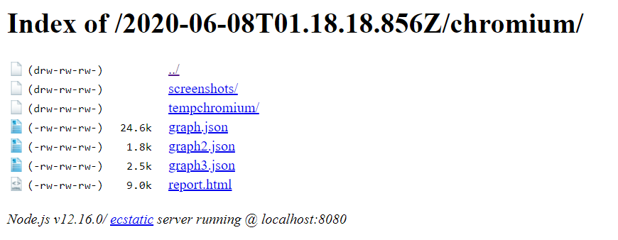 Subdirectorios temporales y de screenshots para cada navegador junto a la información recogida y el reporte en HTML