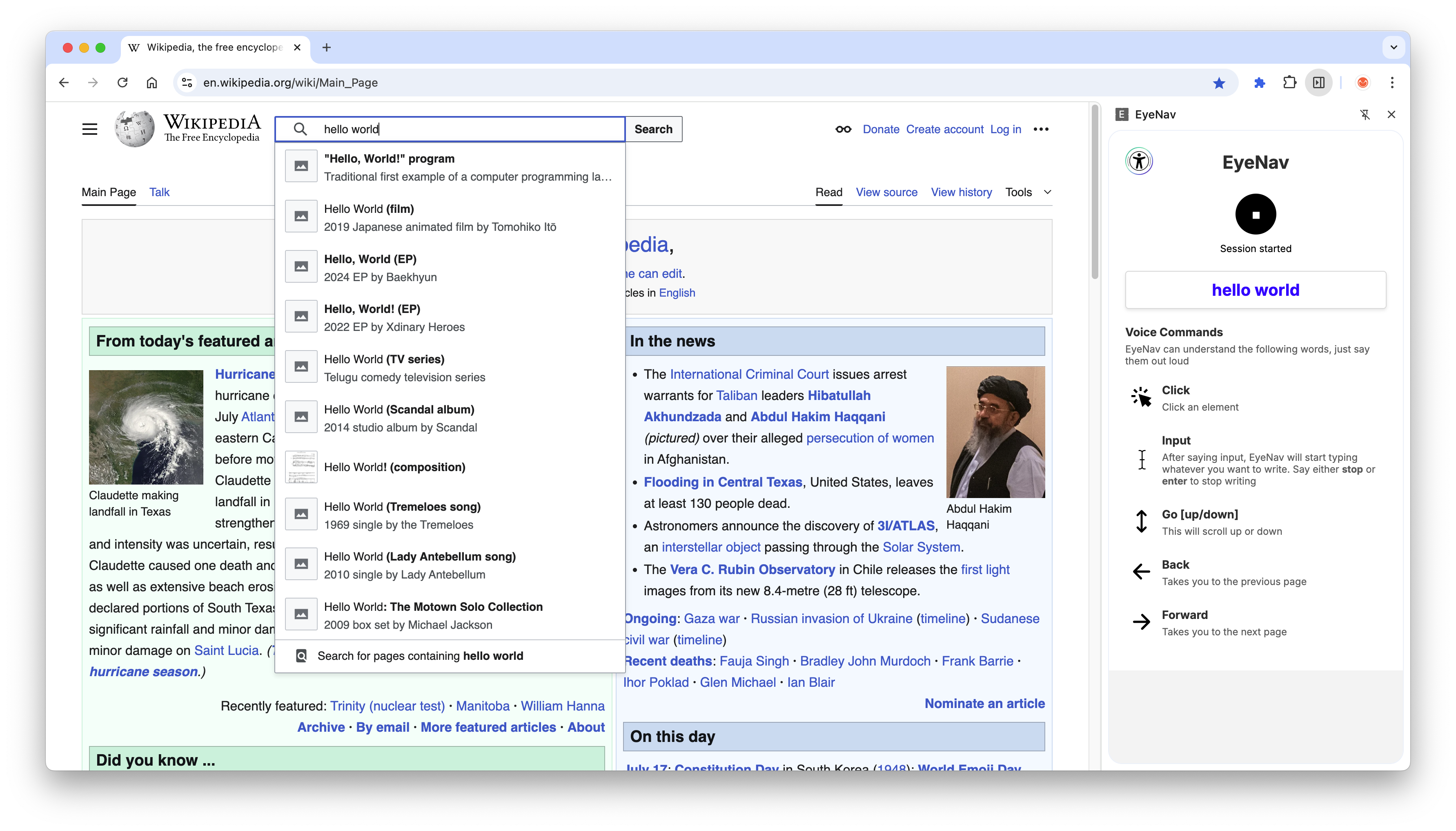 EyeNav in action in english. A screenshot of a web browser with description of voice commands to the right.