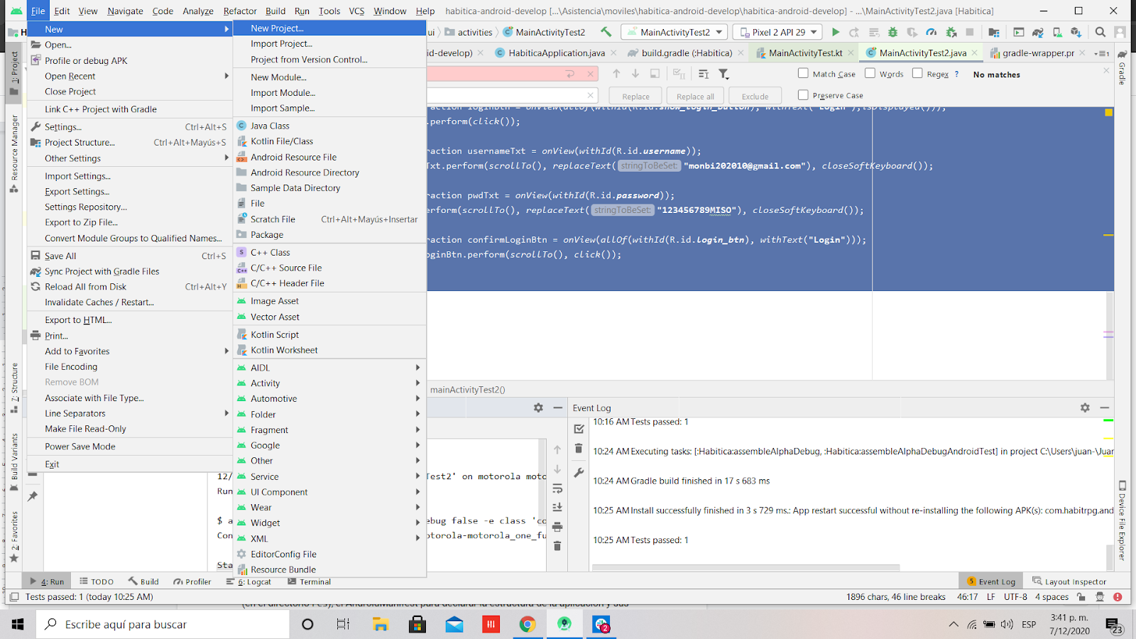 Menú de paneles de la parte superior del IDE de Android Studio con la pestaña File abierta y la opción "New Project..." seleccionada