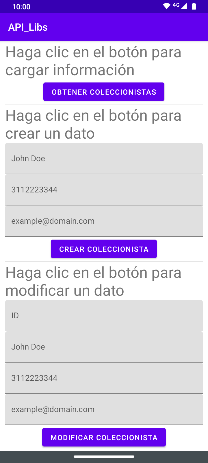 contiene un texto y un botón (Obtener coleccionistas) para consultar los coleccionistas existentes, seguidos de un texto, tres campos de entrada y un botón  (crear coleccionista) para crear un coleccionista, y finalmente un texto, cuatro campos de entrada y el botón (modificar coleccionista) que permite editar la información de un coleccionista indicado