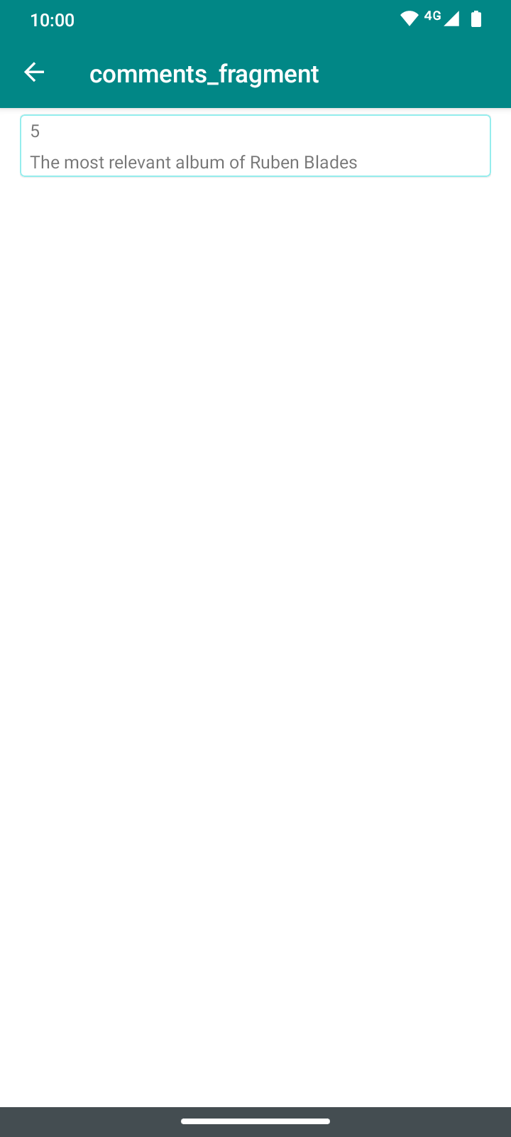 Vista del fragmento de comentarios. Contiene un Recycler View con un único comentario de rating 5 sobre el álbum Buscando América