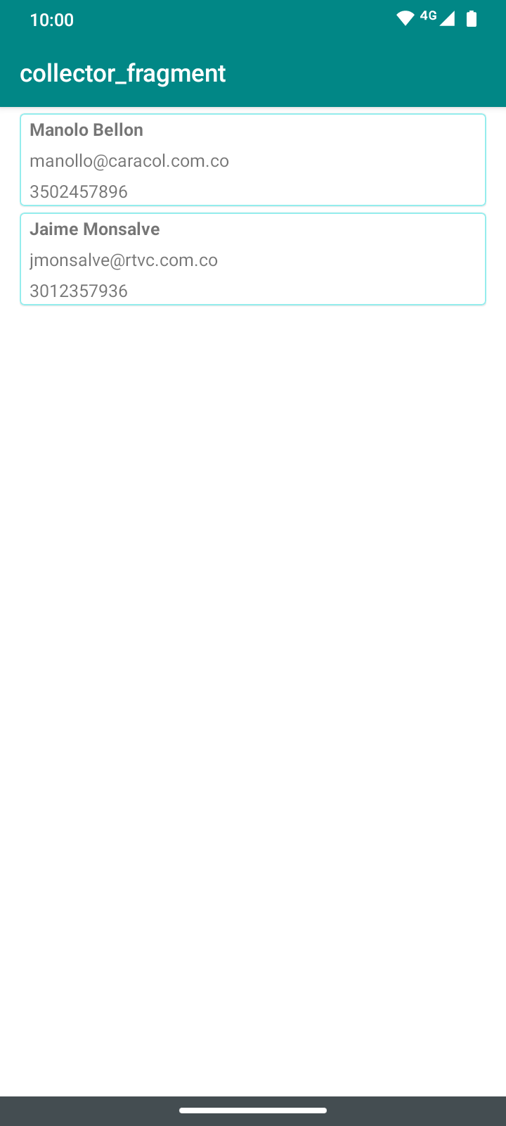 Una vista del fragmento de coleccionistas.  Contiene un RecyclerView con dos coleccionistas con los nombres Manolo Bellon y Jaime Monsalve